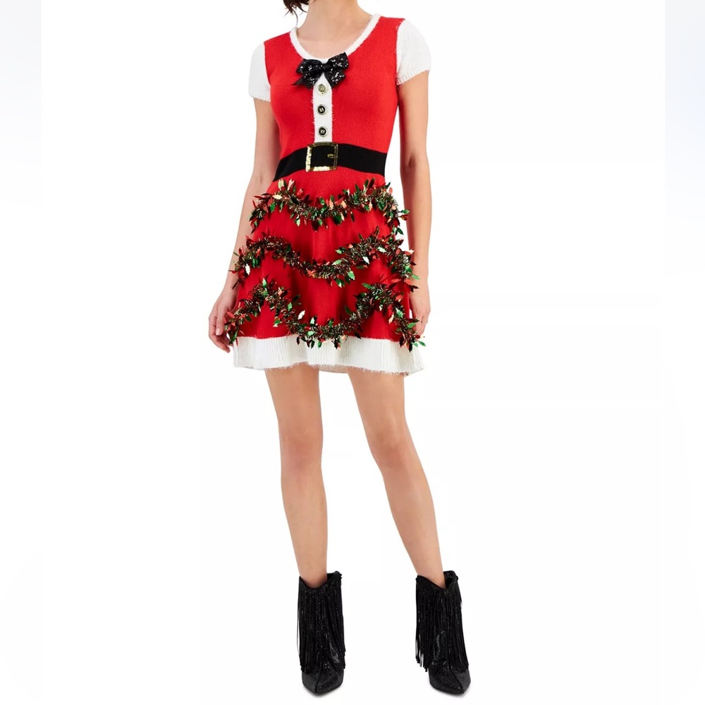 Christmas Tinsel-Trim Holiday Sweater Dress